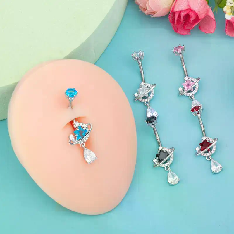 Body Jewelry Universe - Cincin Pusar Kristal Berkilau dengan Gantungan,